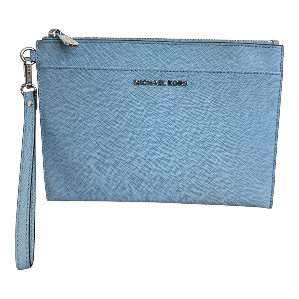 Michael Kors (Like New) Jet Set Travel Pale Blue Leather XL Zip Clutch Wristlet